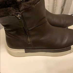Fur-lined brown leather sneaker boots